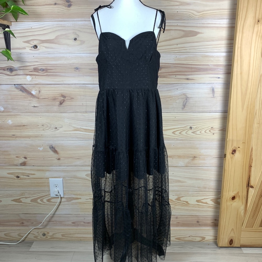 Lulus Maxi Dress Women XL Black Swiss Dot Bustier Mesh Sheer Gown Whimsigoth